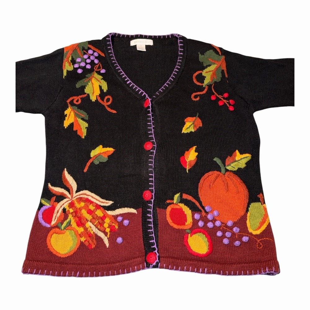Vintage 90s Arriviste Size M Fall Harvest Cardigan 3D Embroidered Pumpkin Ramie - Picture 3 of 8